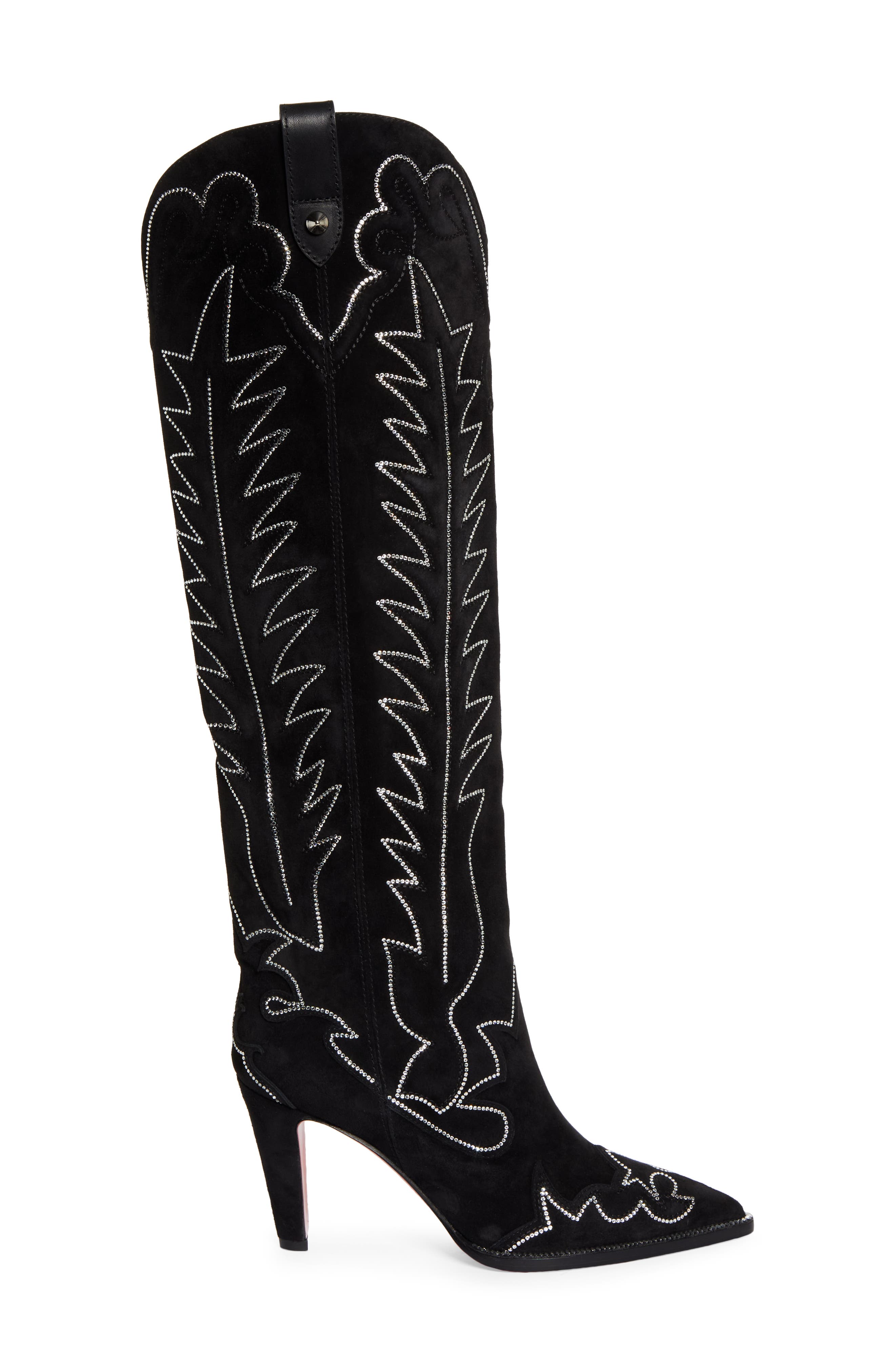 Christian Louboutin Santia Crystal Beaded Knee High Western Boot, Alternate, color, Black/ Bk Luc