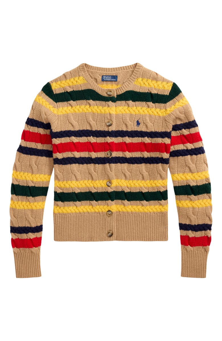 Polo Ralph Lauren Stripe Cable Stitch Wool & Cashmere Cardigan, Alternate, color, Collection Camel Melange Multi