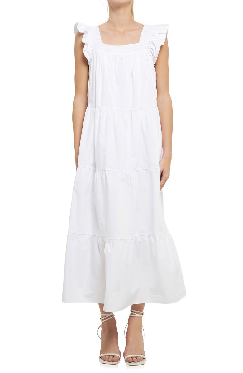 English Factory Ruffle Detail Midi Dress, Alternate, color, White