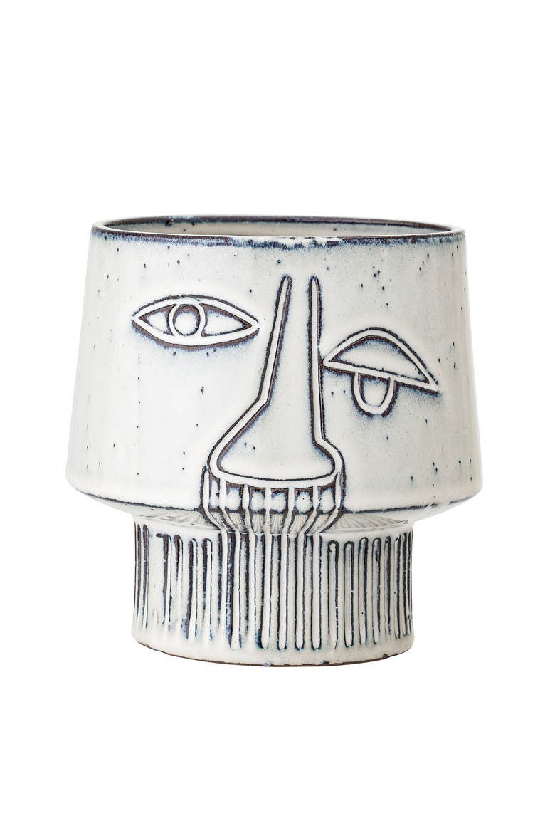 Stoneware Vase with Abstract Face Design, Main, color, White