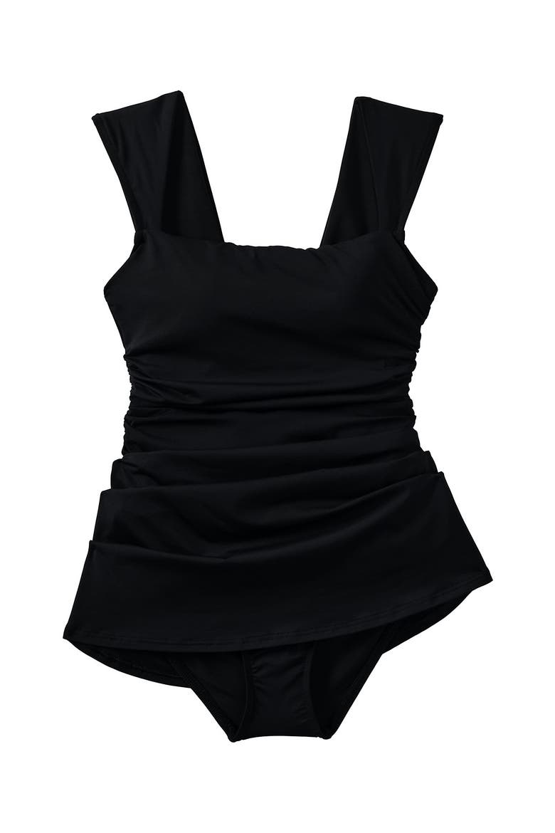 Chlorine Resistant Square Neck Ruched Swim Dress One Piece Swimsuit, Alternate, color, Black
