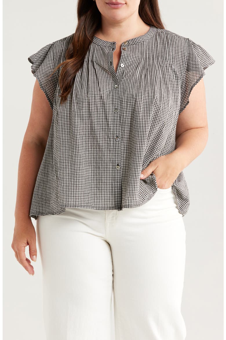 Gingham Flutter Sleeve Button-Up Top, Main, color, BLACK- IVORY GINGHAM