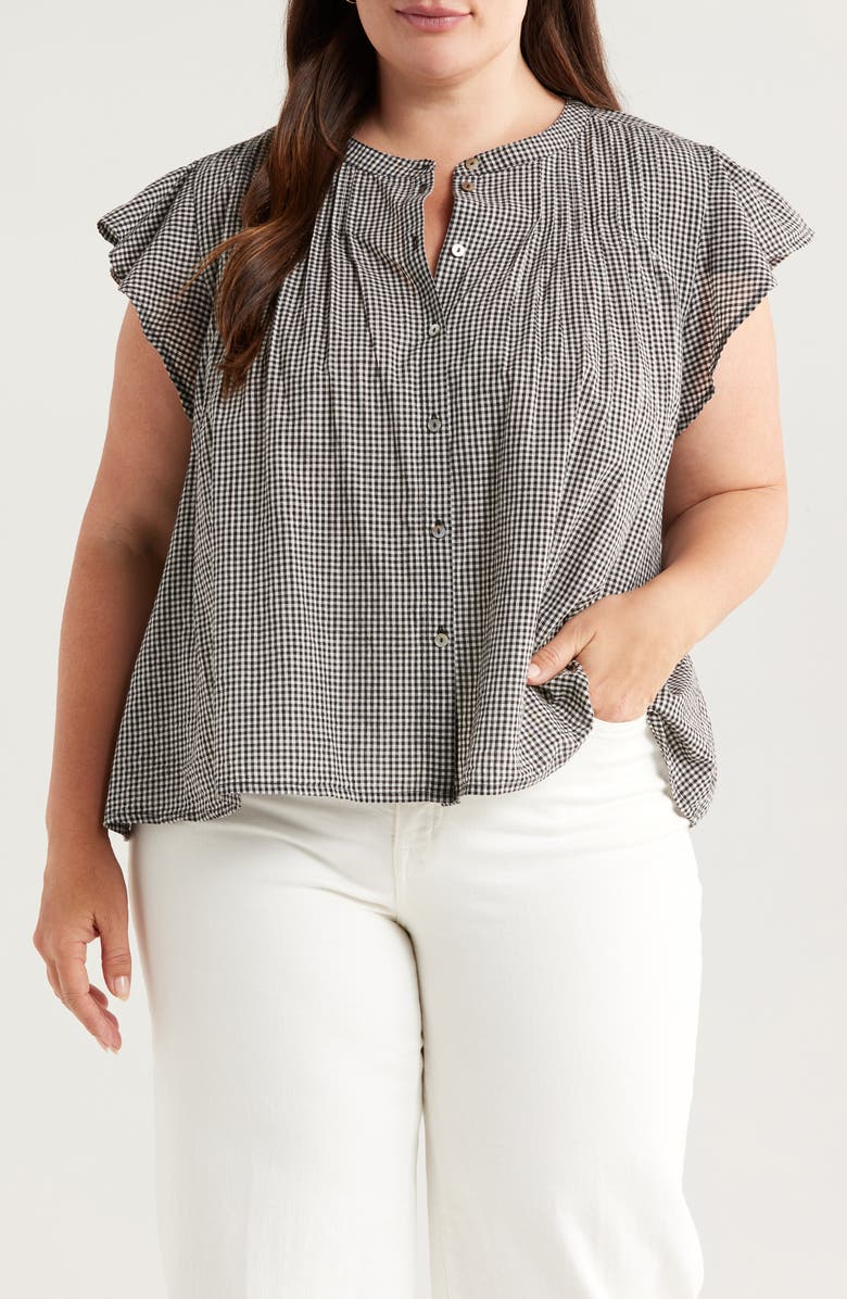 Treasure & Bond Gingham Flutter Sleeve Button-Up Top, Main, color, Black- Ivory Gingham