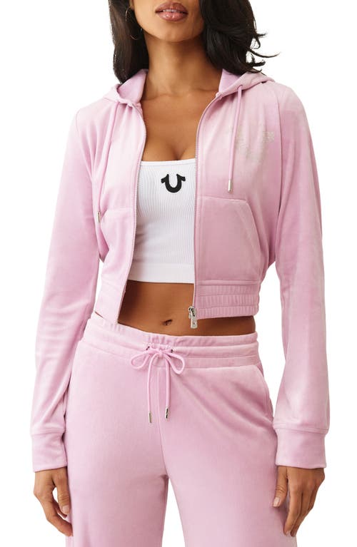 True Religion Shrunken Zip Front Velour Crop Hoodie In Pink