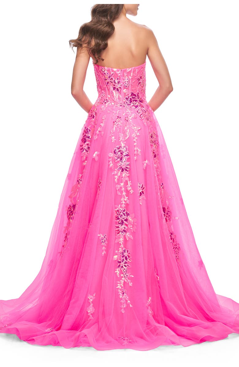 La Femme Strapless Tulle A-Line Dress with Sequin Floral Applique, Alternate, color, Neon Pink