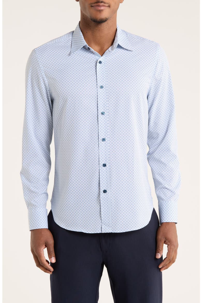 Geometric Print Slim Fit Performance Button-Up Shirt, Main, color, WHITE/ BLUE