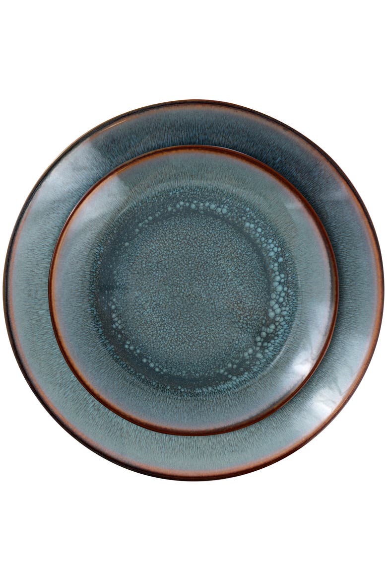 16 Piece Stoneware Dinnerware Set in Blue w/ Brown Rim, Alternate, color, Blue