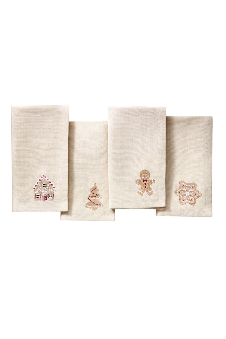 Gingerbread Bliss Embroidered Napkins Set of 4 Multicolor - 17"W x 17"L, Main, color, Multicolor