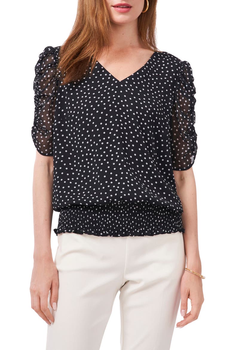 Ruched Sleeve Print Blouse, Main, color, BLACK/ WHITE