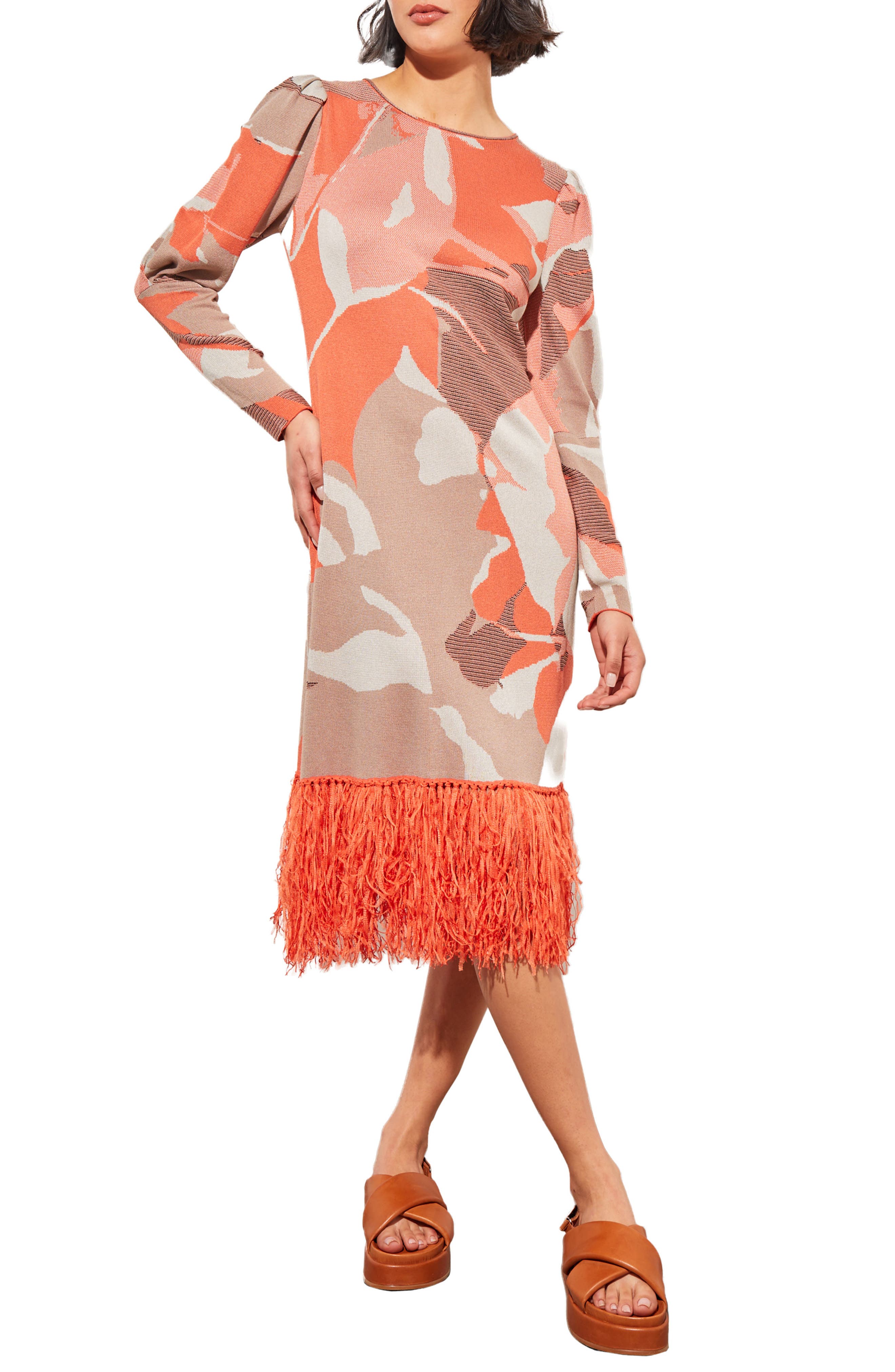 Ming Wang Fringe Trim Long Sleeve Sheath Dress