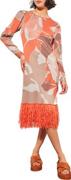 Ming Wang Fringe Trim Long Sleeve Sheath Dress