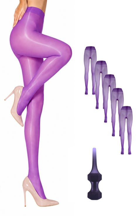 5-Pack Glossy Semi-Sheer Opaque Ladder Resistant Party Evening Tights for Women