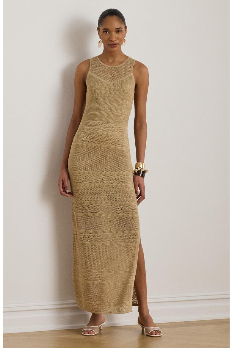 Pointelle Sleeveless Maxi Dress, Alternate, color, BIRCH BEIGE/ MULTI