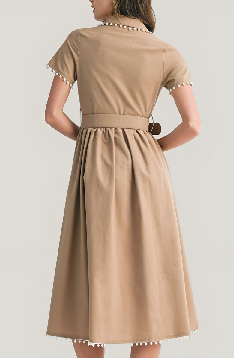 Modenaire Short Sleeve Collared Midi Dress with Pearl Details and Statement Belt, Alternate, color, Beige