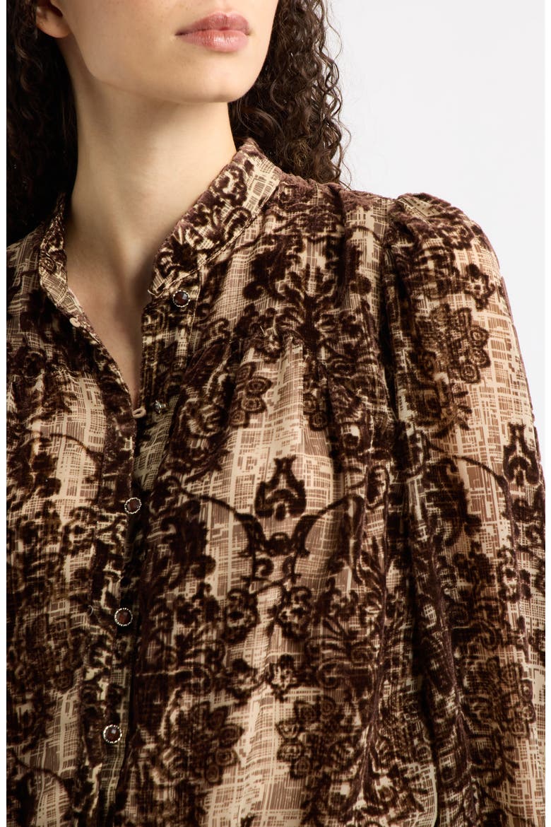 Kay Velvet Burnout Mandarin Collar Button-Up Shirt, Main, color, BROWN MULTI