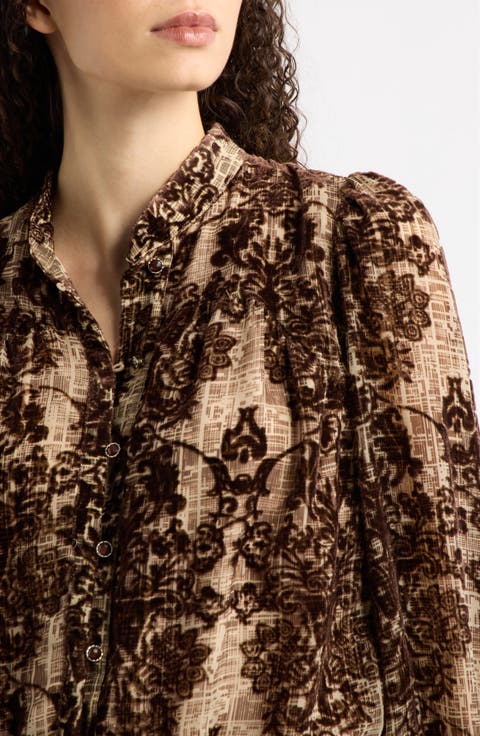 Kay Velvet Burnout Mandarin Collar Button-Up Shirt