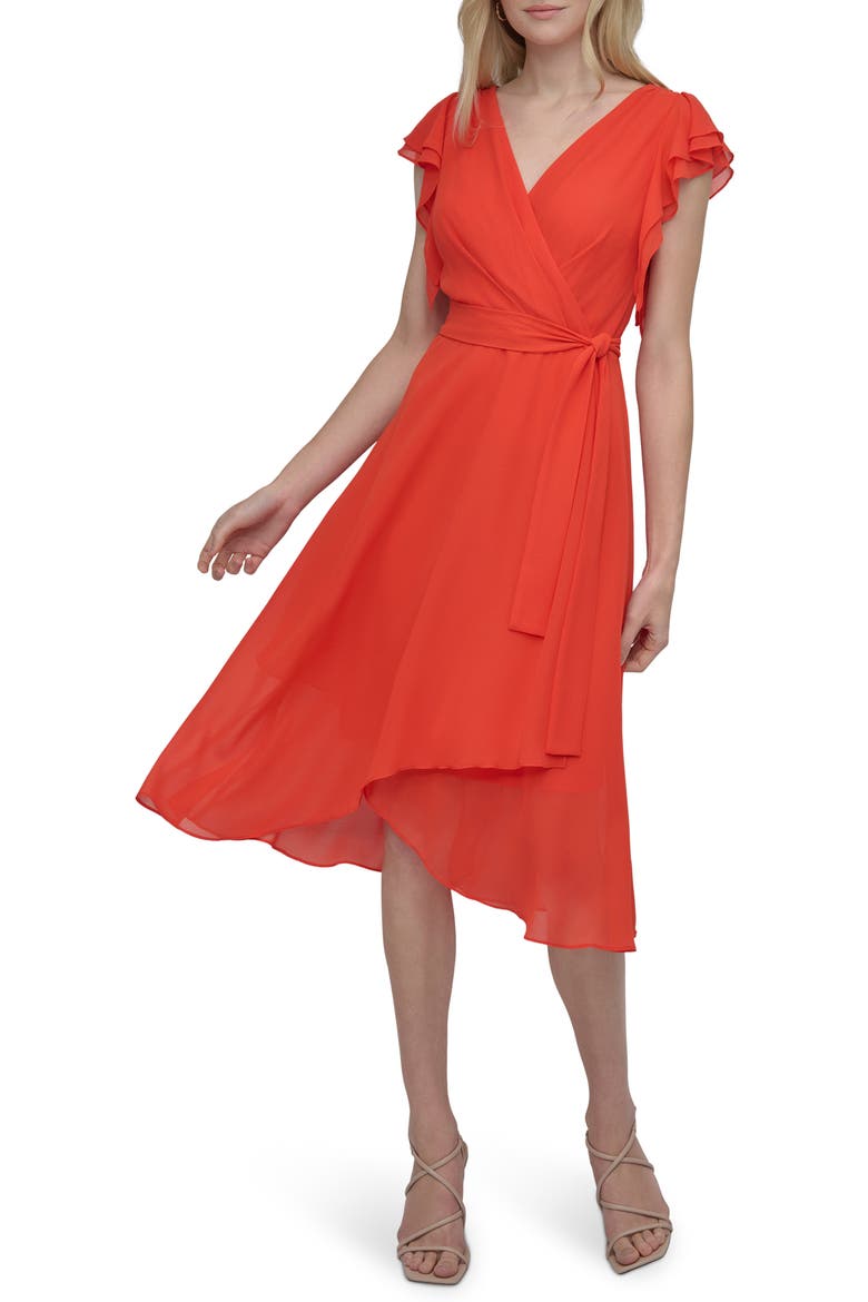 Ruffle Sleeve Faux Wrap Midi Dress, Main, color, FIESTA