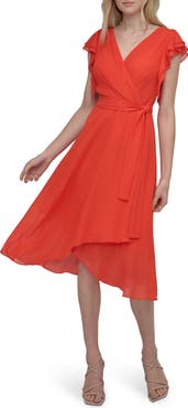 DKNY Ruffle Sleeve Faux Wrap Midi Dress