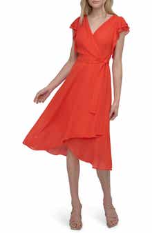 DKNY Ruffle Sleeve Faux Wrap Midi Dress