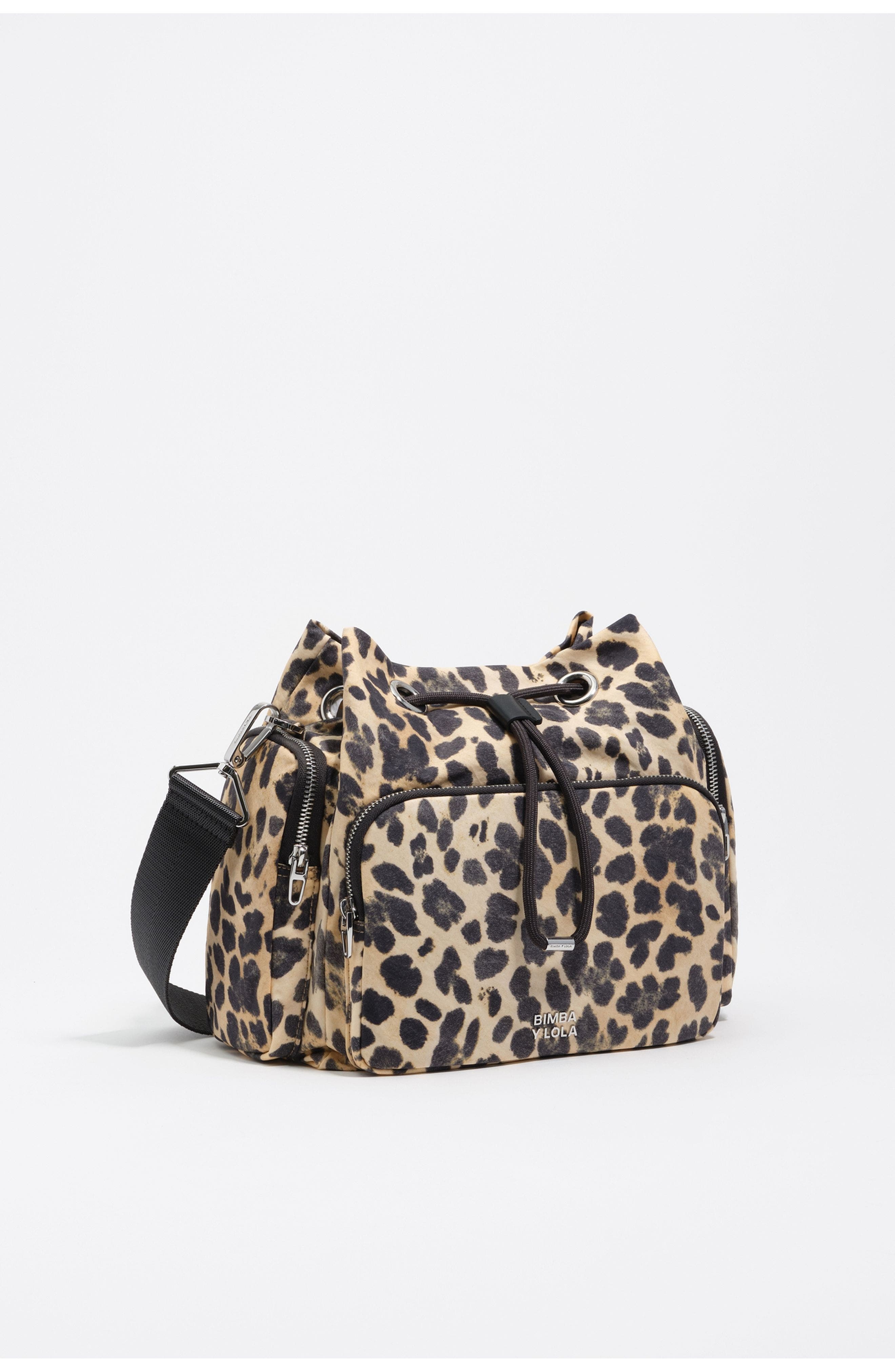 Bimba y Lola Leopard Nylon Pocket Bucket Bag, Main, color, Leopard Natural