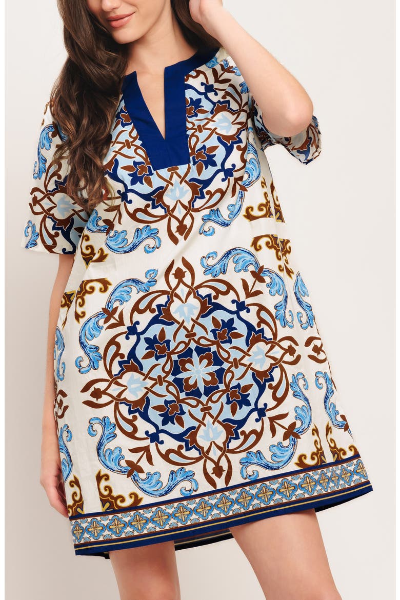 Scarf Print Cotton Shift Minidress, Alternate, color, IVORY BLUE