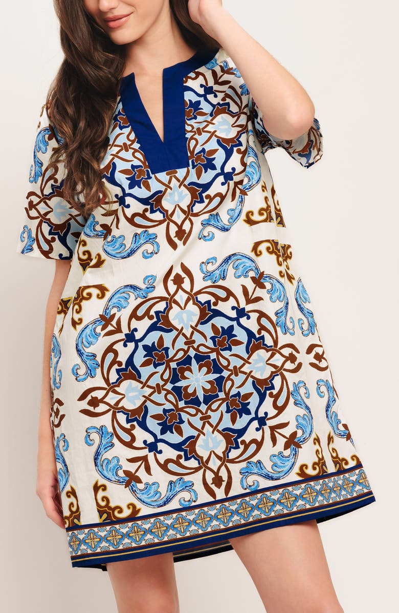 FLYING TOMATO Scarf Print Cotton Shift Minidress, Alternate, color, Ivory Blue