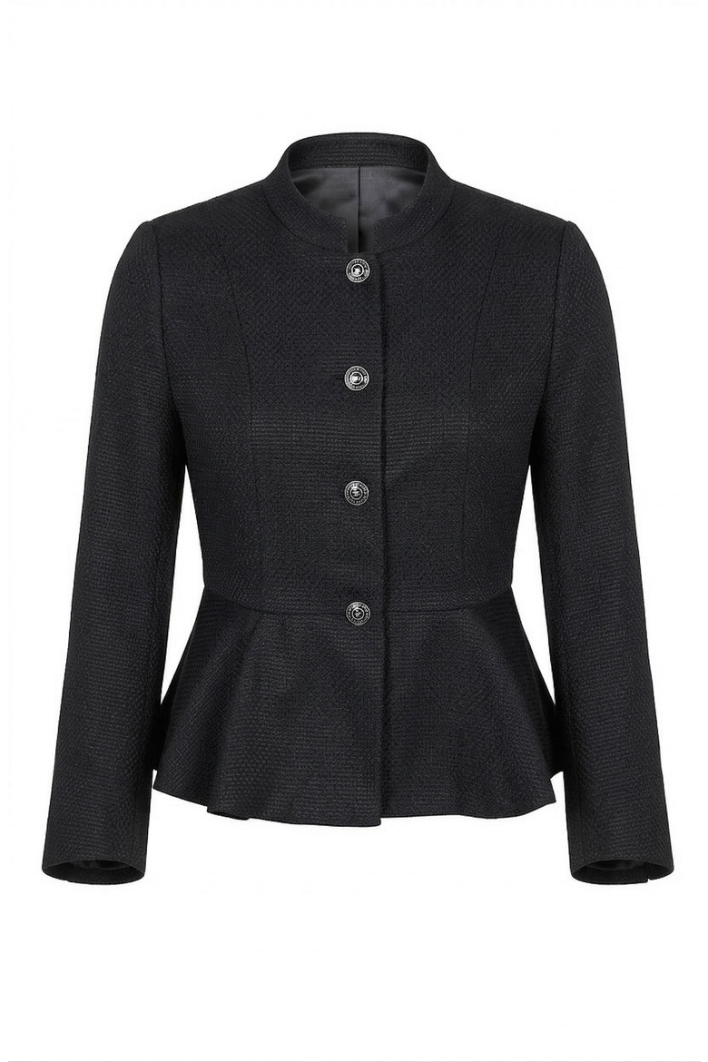Textured Round Neck Peplum Blazer, Alternate, color, Black