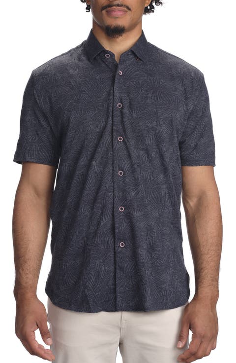 Palm Print Short Sleeve Cotton Button-Up Shirt