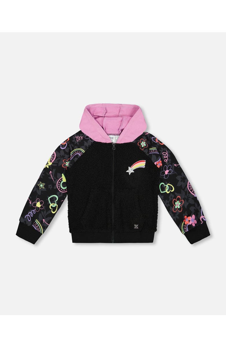 Deux par Deux Girl's Bi-Material French Terry And Soft Fleece Zip Hoodie Black, Main, color, 