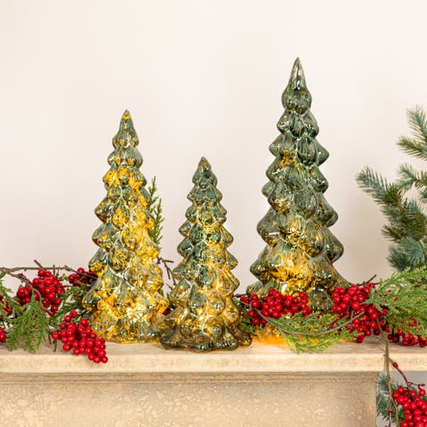 Glass Christmas Trees with LED, Green, Set of 3