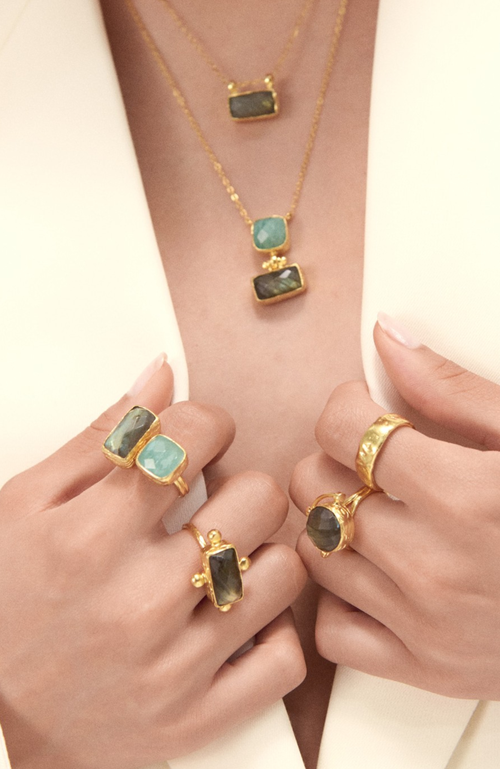 Ottoman Hands Nerissa Labradorite And Aqua Chalcedony Pendant Necklace In Gold