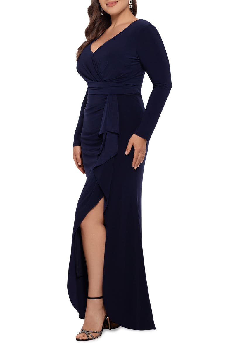 Betsy & Adam Ruffle Side Slit Long Sleeve Gown, Alternate, color,