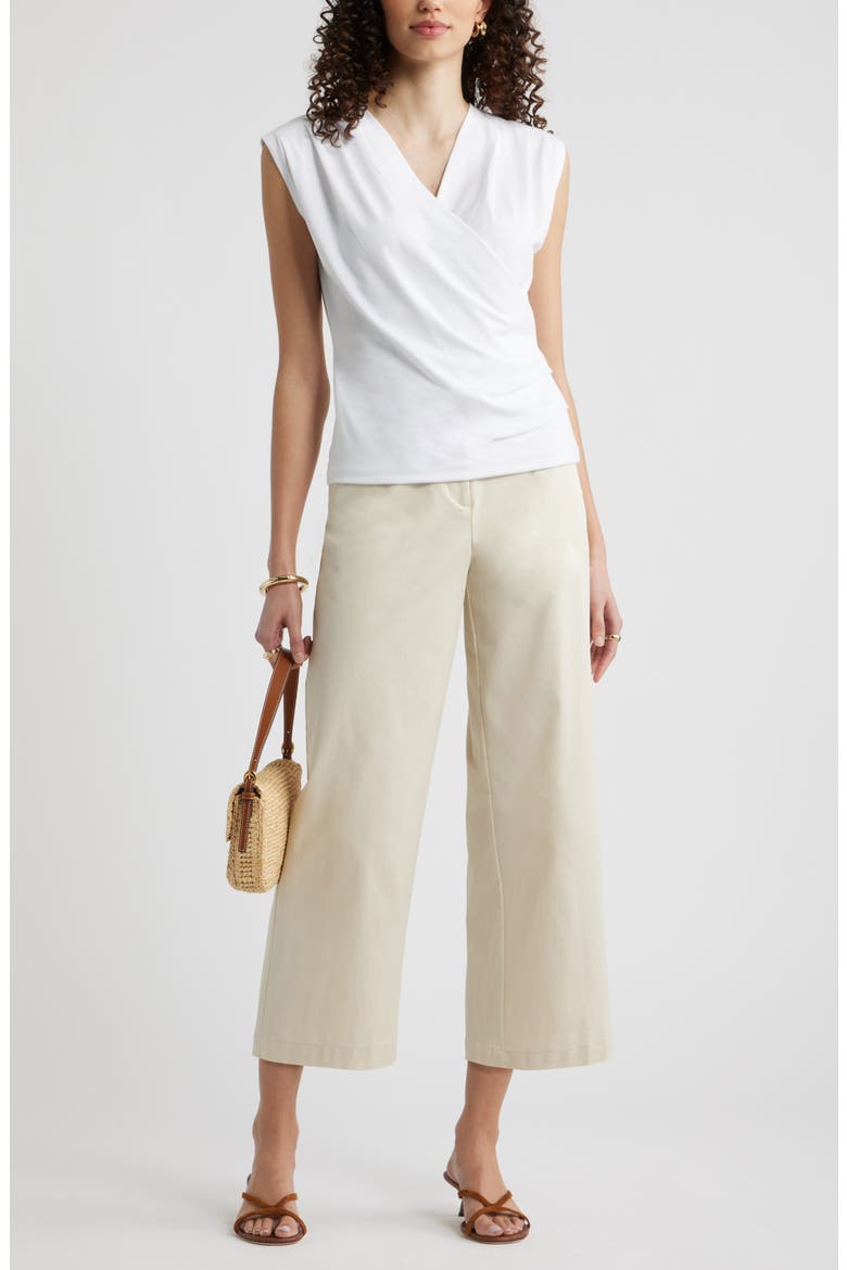 Pleated Faux Wrap Cap Sleeve Top, Alternate, color, WHITE