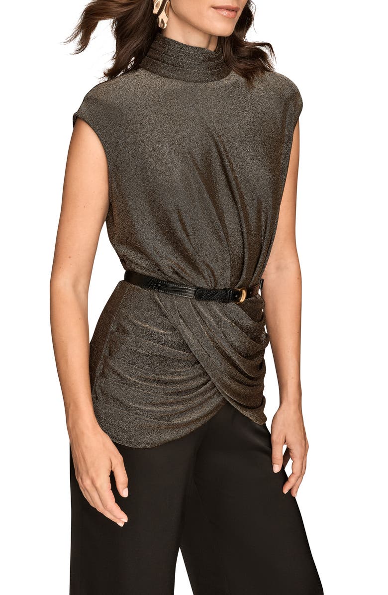 Donna Karan New York Ruched Metallic Belted Mock Neck Top, Alternate, color, Black/ Gold