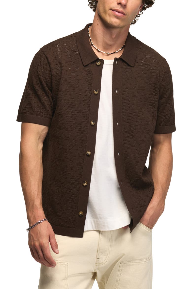 Openwork Knit Cotton Button-Up Shirt, Main, color, HOT FUDGE