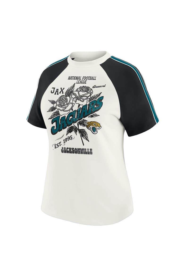 Women's WEAR by Erin Andrews White Jacksonville Jaguars Sleeve Stripe Distressed Raglan T-Shirt, Alternate, color, White