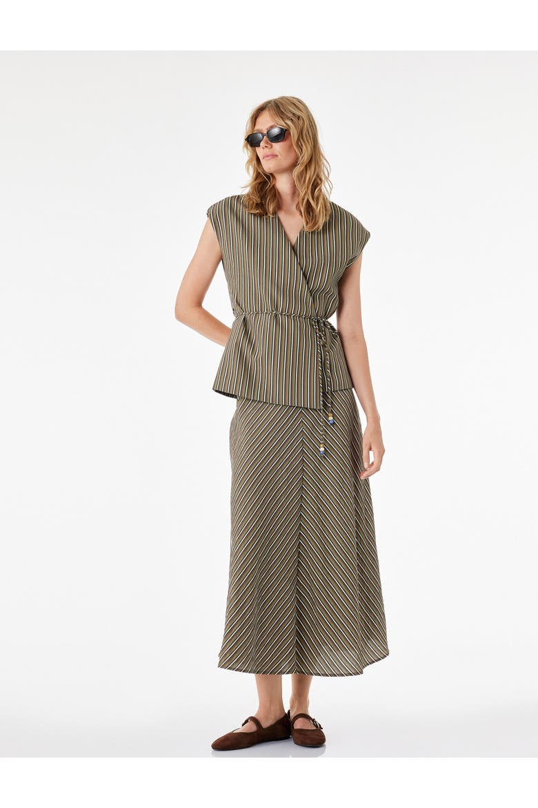 Striped A-Line Midi Skirt, Main, color, KHAKI STRIPE
