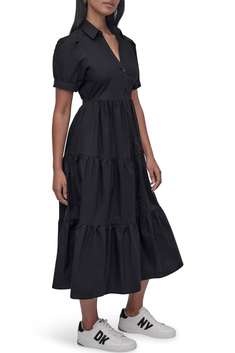 Short Sleeve Tiered Cotton Poplin Shirtdress, Alternate, color, BLACK