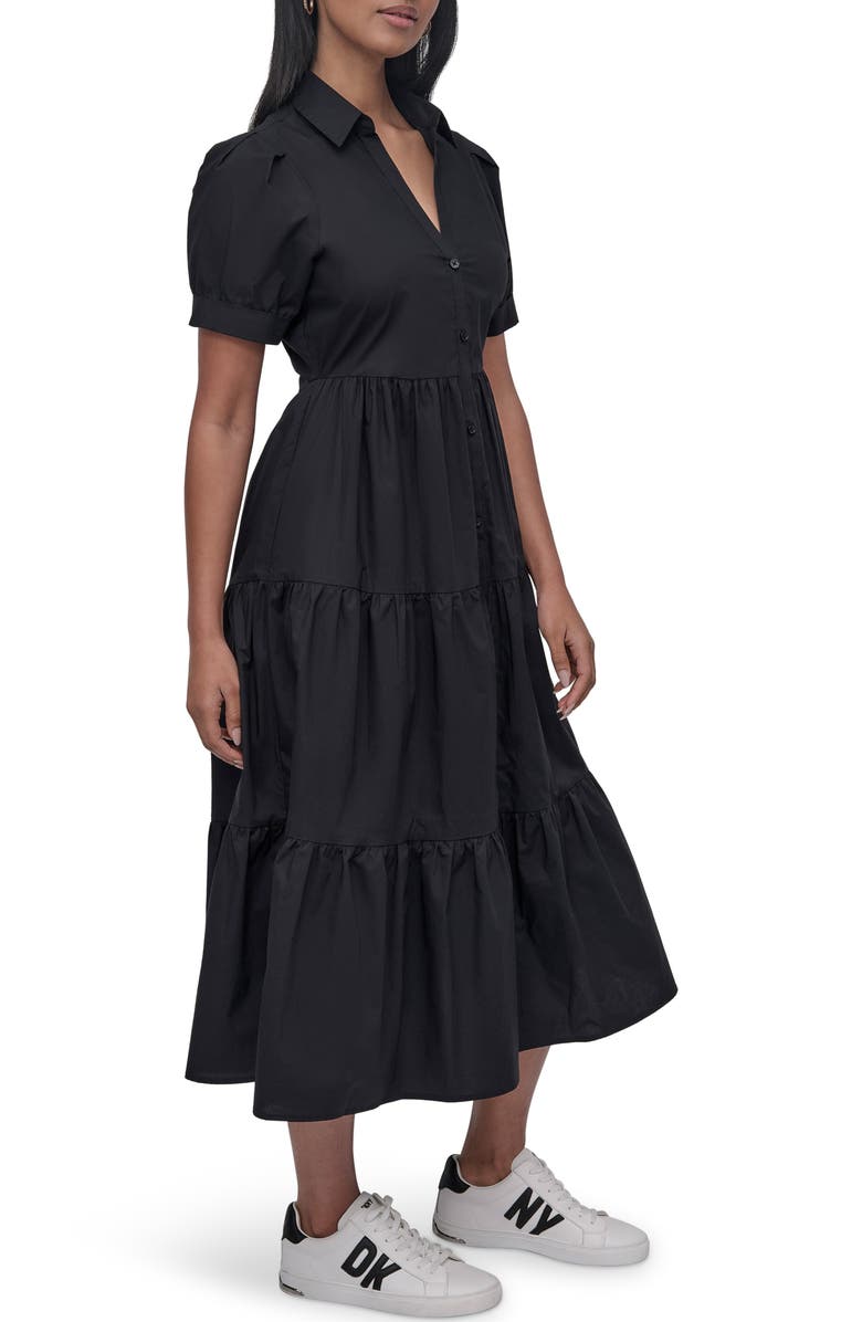 DKNY Jeans Short Sleeve Tiered Cotton Poplin Shirtdress, Alternate, color, Black