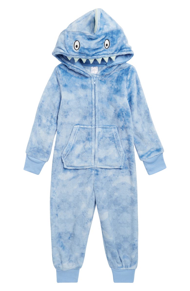 Nordstrom Kids
 Shark Hooded Fleece Sleeper Romper, Main, color, Blue Falls Shark