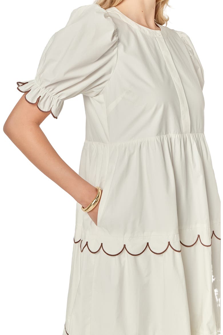 Contrast Scalloped Trim Cotton Midi Dress, Alternate, color, CREAM/BROWN