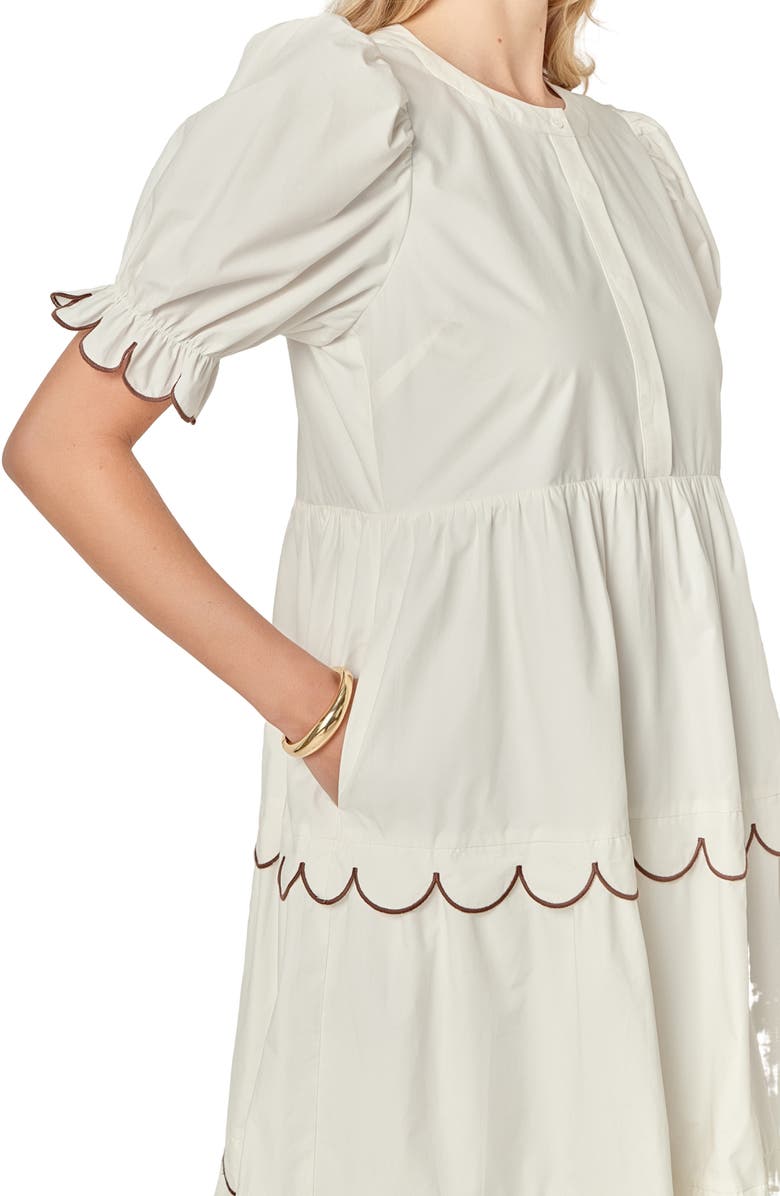 English Factory Contrast Scalloped Trim Cotton Midi Dress, Alternate, color, Cream/ Brown