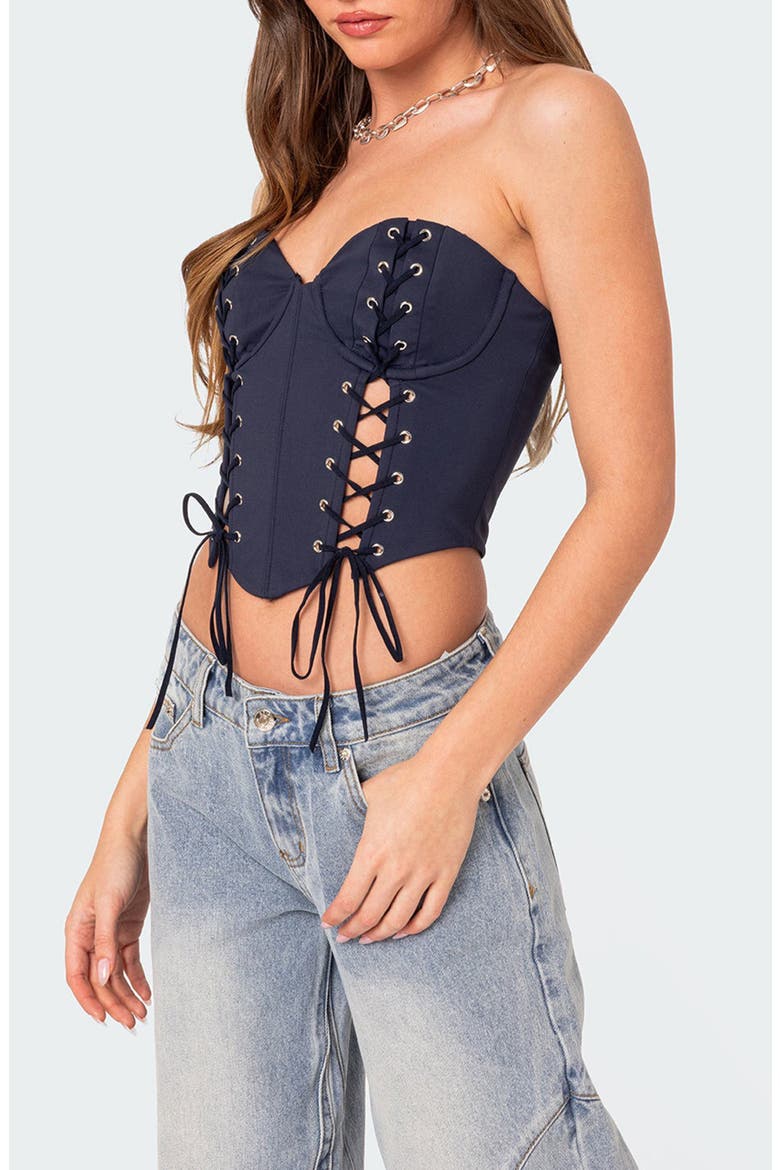 McKenna Lace-Up Strapless Corset Crop Top, Alternate, color, NAVY