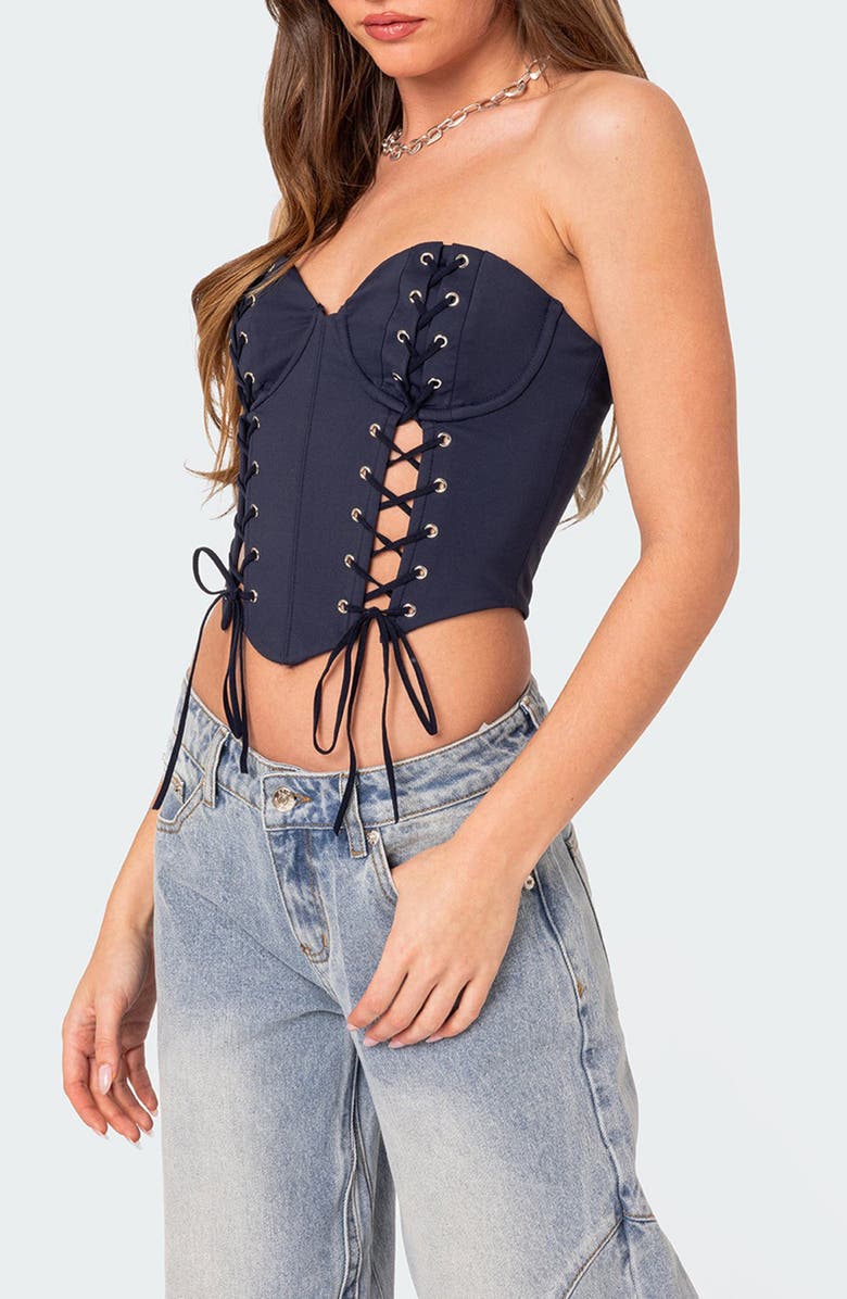 EDIKTED McKenna Lace-Up Strapless Corset Crop Top, Alternate, color, 