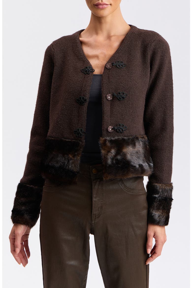 Faux Fur Trim Cardigan, Main, color, CHOCOLATE