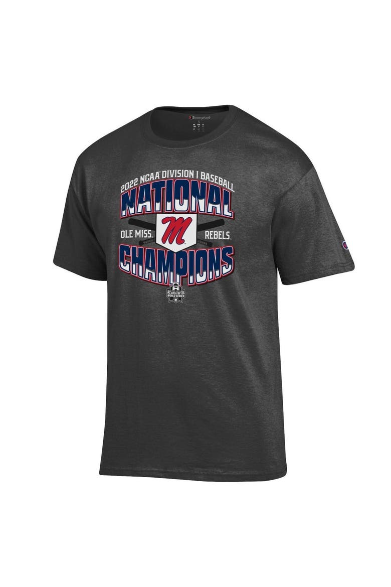 Men's Champion Heathered Charcoal Ole Miss Rebels 2022 NCAA Men's Baseball College World Series Champions Locker Room T-Shirt, Alternate, color, Heather Charcoal