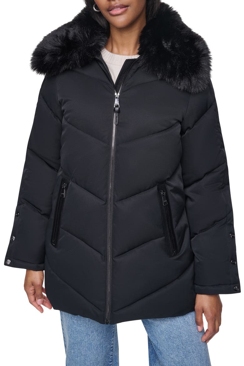 Water Resistant Puffer Jacket with Removable Faux Fur Collar, Main, color, BLACK