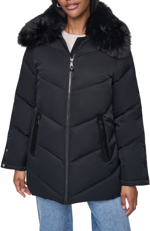 Water Resistant Puffer Jacket with Removable Faux Fur Collar