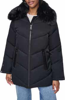 Water Resistant Puffer Jacket with Removable Faux Fur Collar