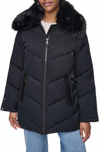 Water Resistant Puffer Jacket with Removable Faux Fur Collar